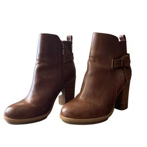 Brown block heel booties